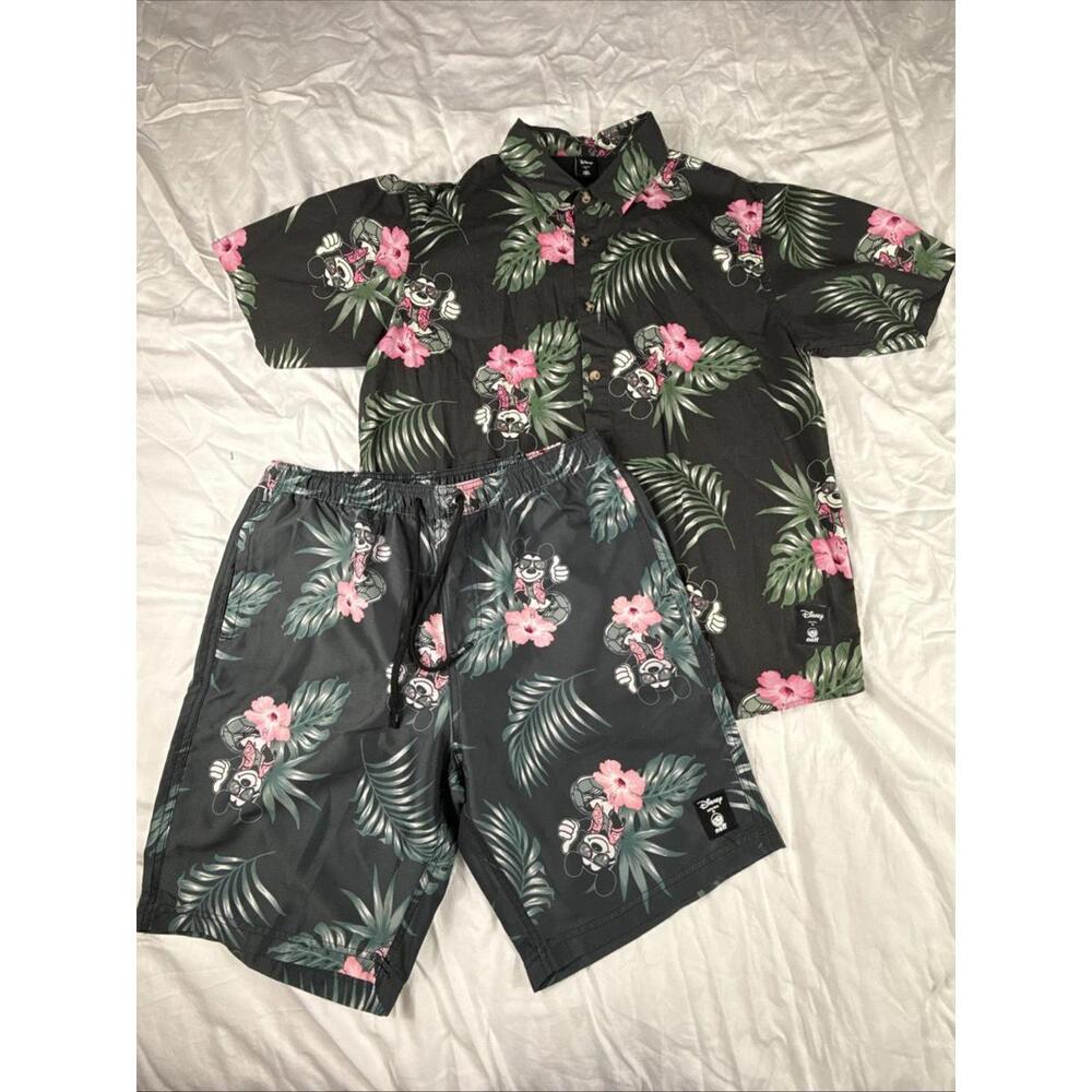 Disney Neff Men's Shirt (L) & Shorts (M) Set Black Hawaiian Floral Mickey Mouse